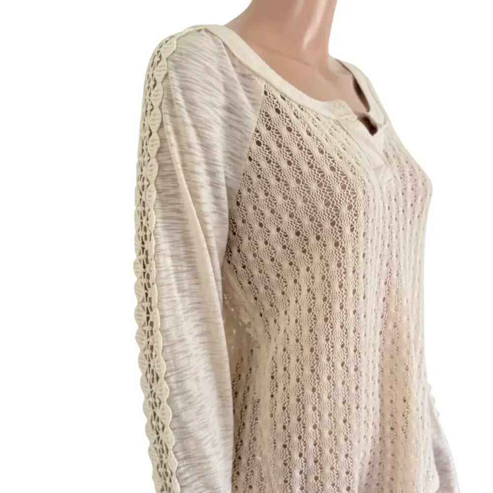 Miss Me Crochet Lace Knit Top L Boho Cottagecore Peasant Cream Long Sleeve - Picture 3 of 7
